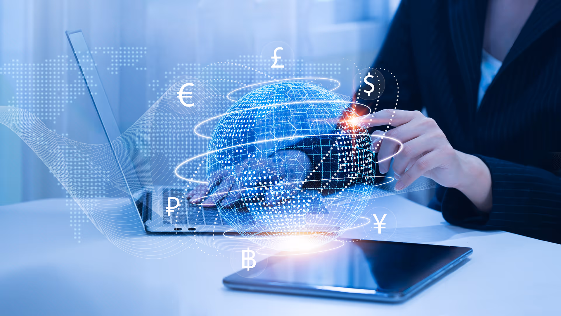 Holographic globe surrounded by currency symbols, representing cross-border payments