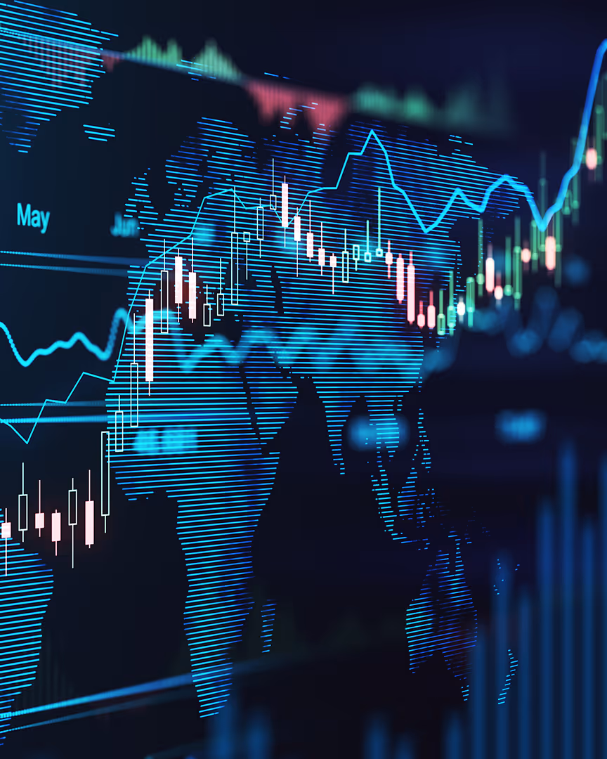 Rising graph overlaid on a world map, representing optimized cross-border payments