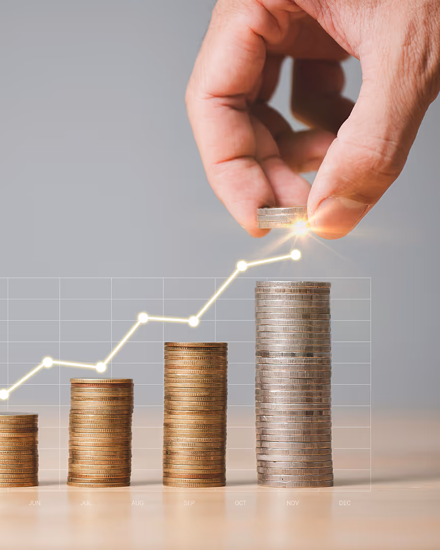 Increasing stacks of coins with a line-graph above, representing approval rate uplifts
