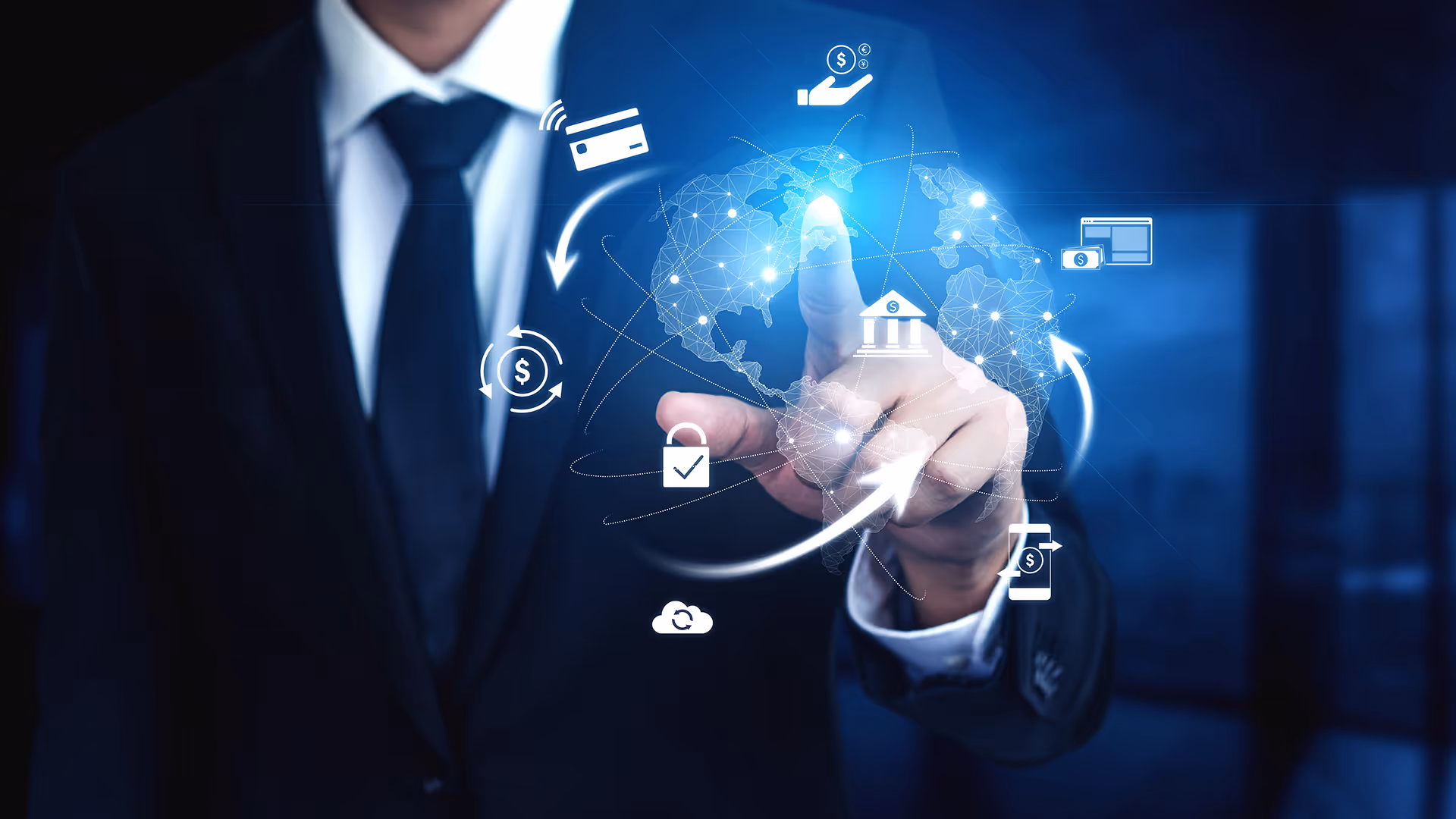 Man pointing to a hologram representing global travel payments