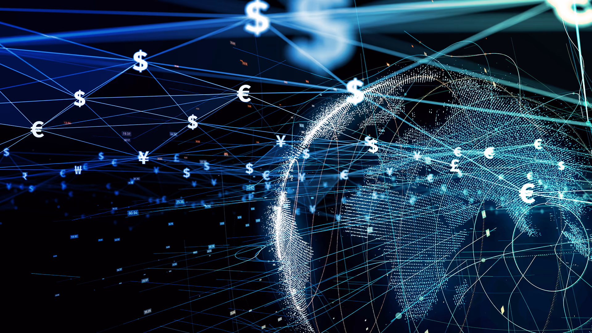 Holographic globe beneath a network of currency symbols, representing cross-border travel payments