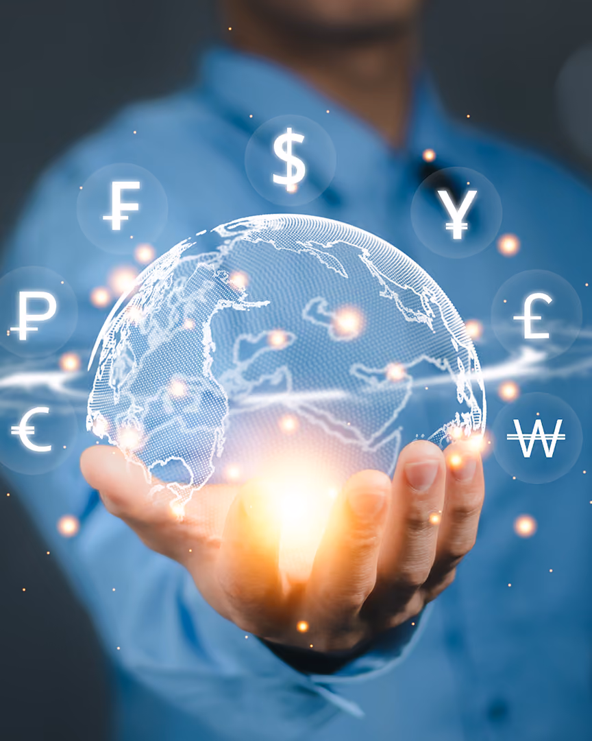 Man holding a holographic globe and currency symbols, representing cross-border payments