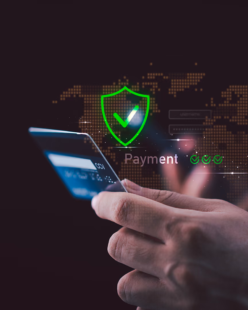 Credit card, digital shield and three green ticks, representing AML checks