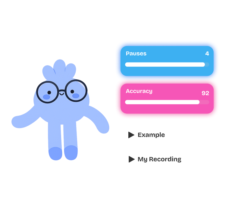 Blue character with glasses next to progress bars labeled Pauses 4 and Accuracy 92, with Example and My Recording buttons.