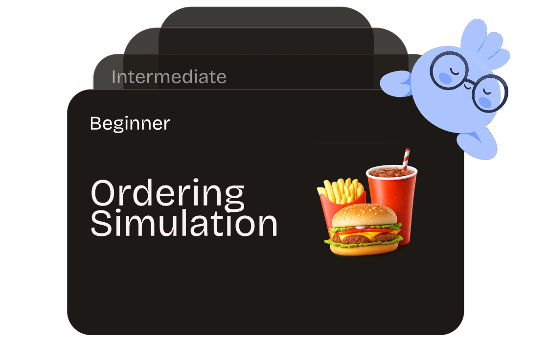 Interface showing Beginner level for Ordering Simulation with burger, fries, and drink icons.