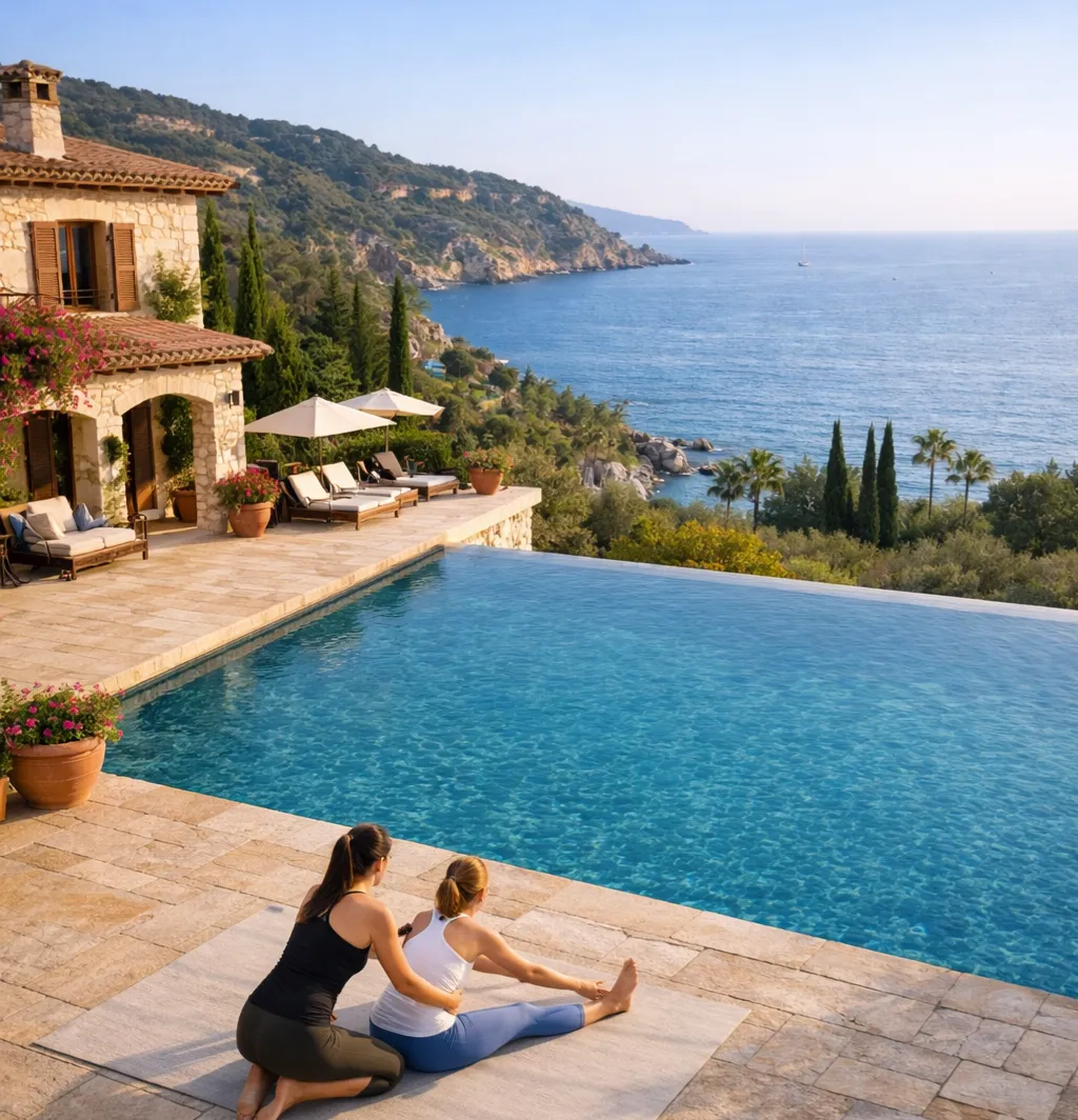 A therapist guiding a guest through a stretch beside a villa pool overlooking the sea