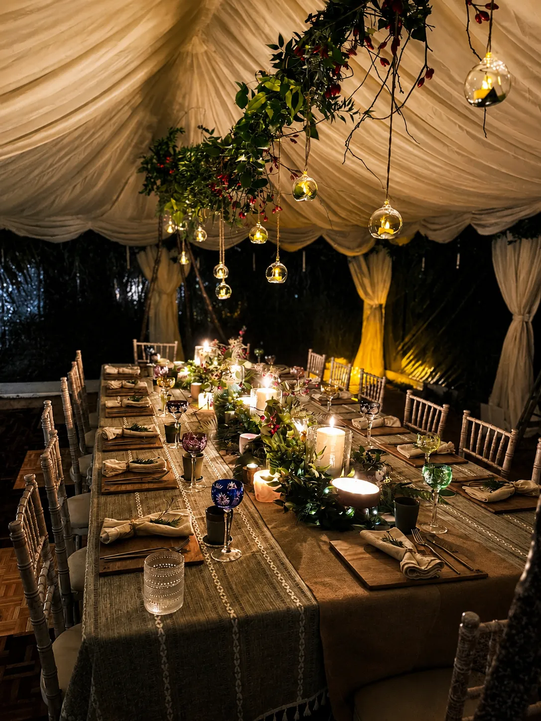 A long candlelit dinner table under a draped marquee, with hanging glass lanterns and greenery