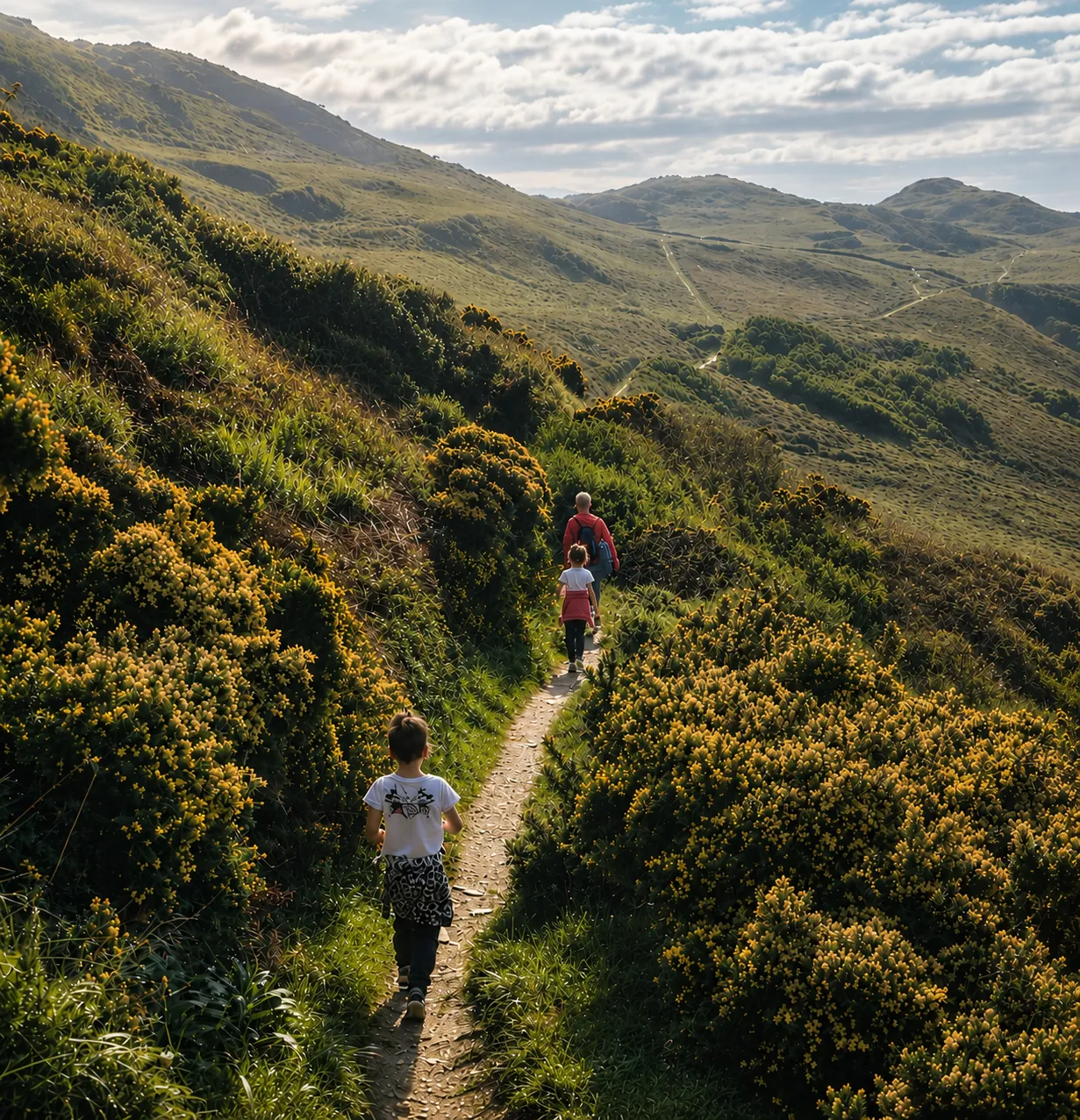 A family walking a narrow path through yellow gorse across rolling green hills