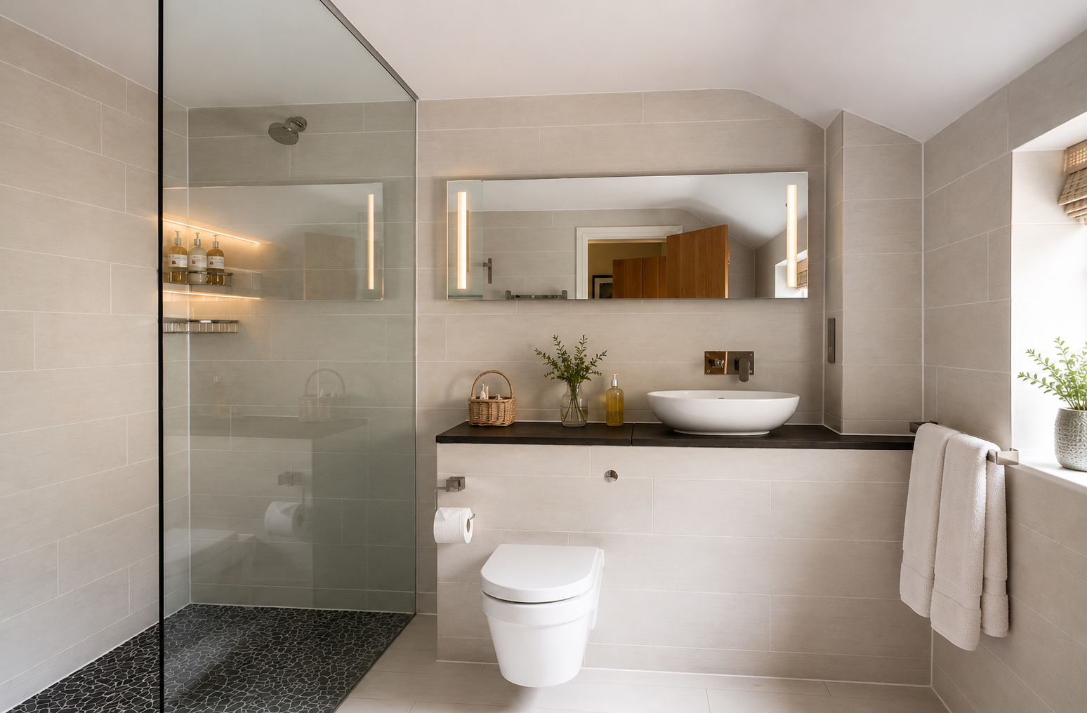 Modern UK style wellness retreat bathroom with a white oval vessel sink on a black countertop, a small vase with green branches, wicker basket, large mirror, and tiled walk-in shower with wall-mounted showerhead and toiletries.