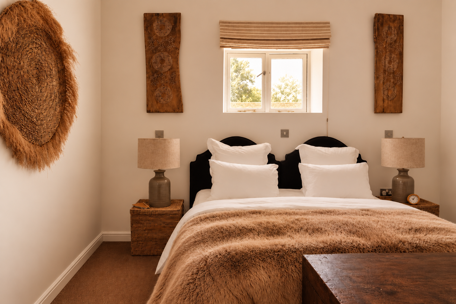 Bright wellness health retreat bedroom with white wooden walls, bed with white bedding and blue patterned throw, wall art, and clothes hanging on a rack.