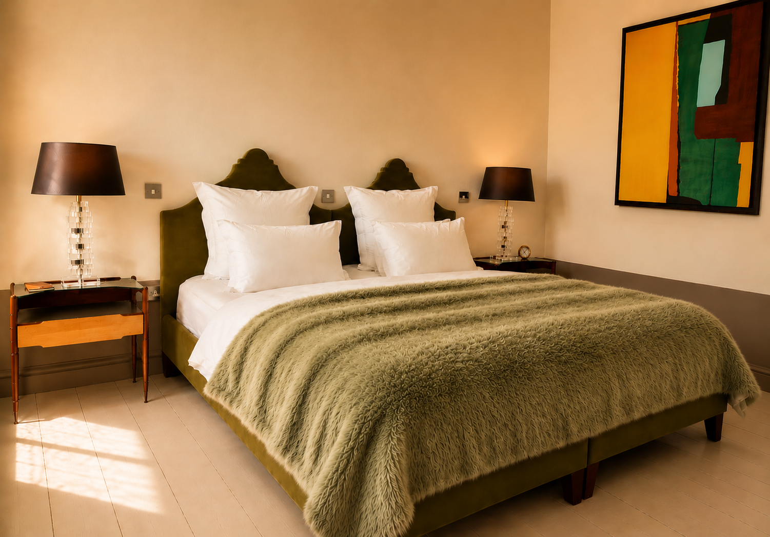 Bright bedroom with a double bed featuring teal and yellow pillows, two bedside lamps, decorative wall hangings, and a wooden chest at the foot of the bed.