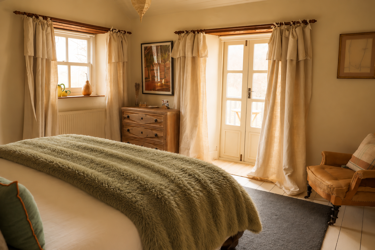 English farmhouse luxury wellness retreat style bedroom with white bedding, wooden dresser, beige curtains, and an orange armchair near french doors.