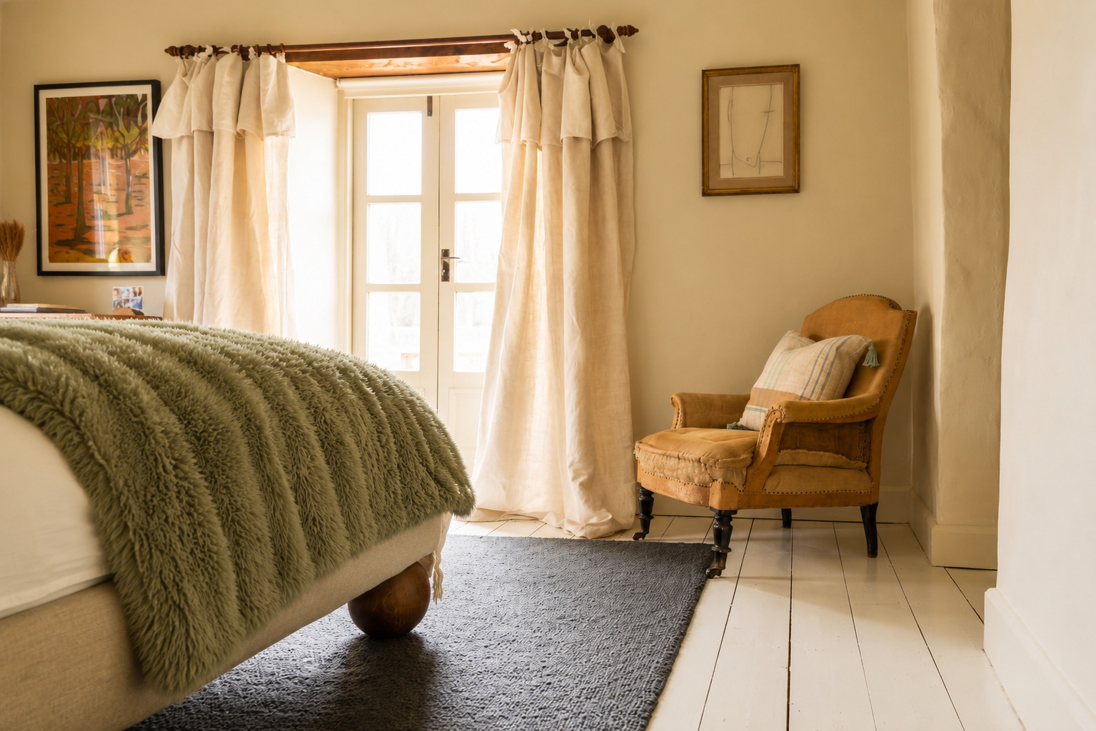 Retreat style bedroom with a large bed featuring white and beige linens, two green accent pillows, and bedside tables with lamps under a slanted ceiling.