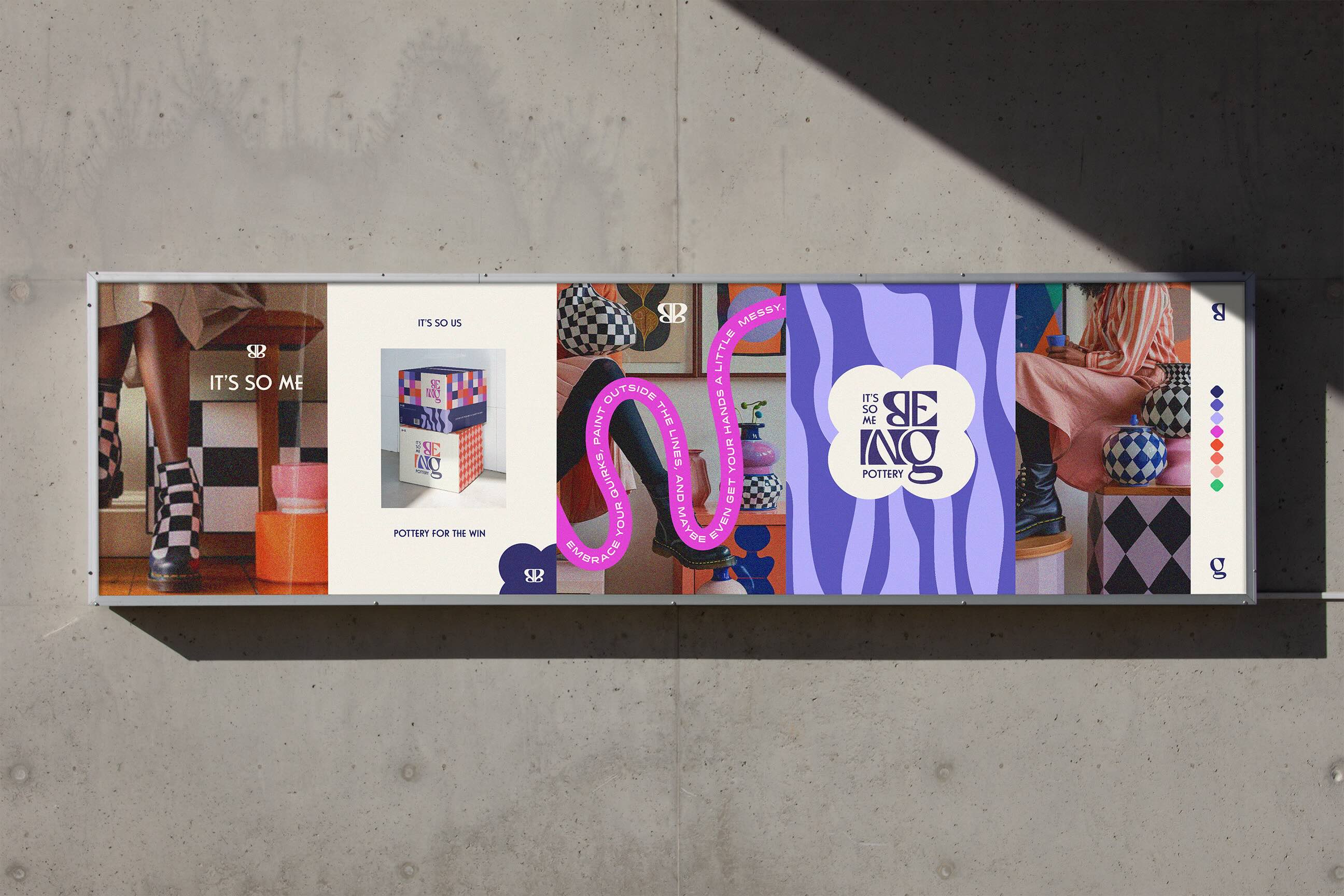 Billboard with pottery advertisements in bright pink orange and pink.