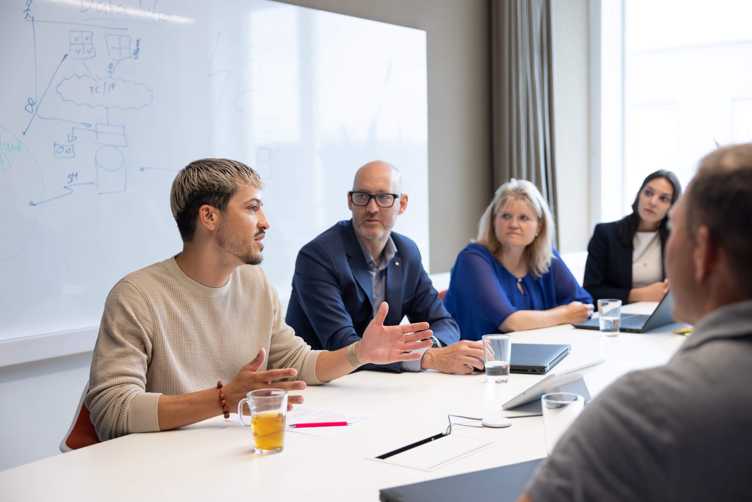 Person erklärt etwas vor drei anderen Personen in einem Besprechungsraum mit Whiteboard.
