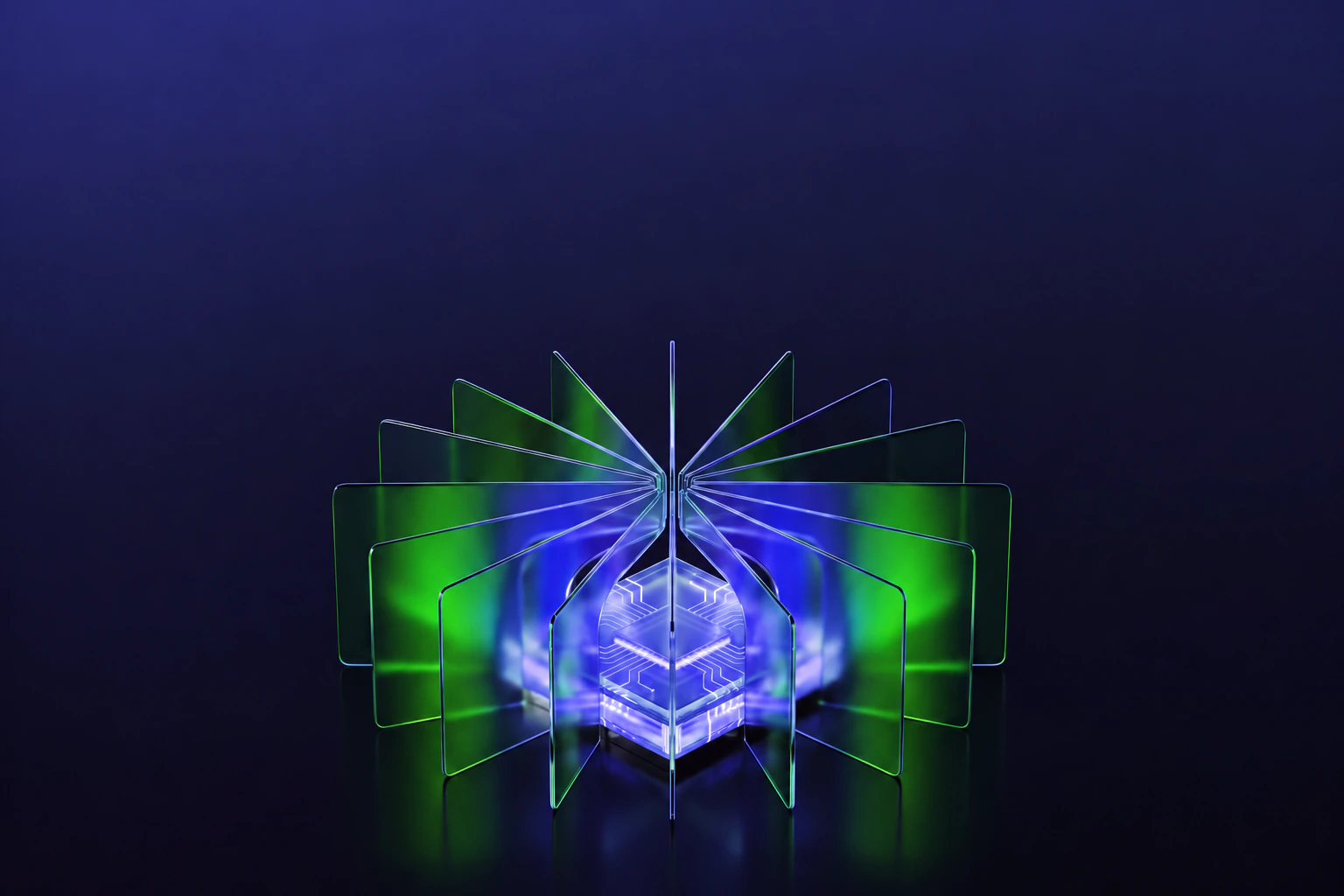 Abstrakte Darstellung eines GPU-Chips mit leuchtenden Glasflächen in Blau und Grün