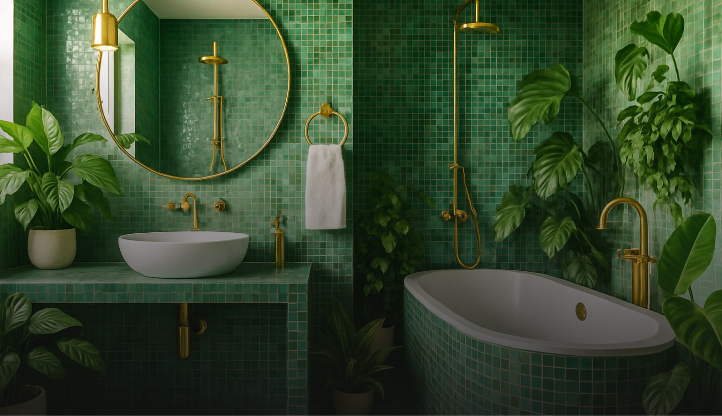 An image of a large green tiled luxury bathroom, with a free 