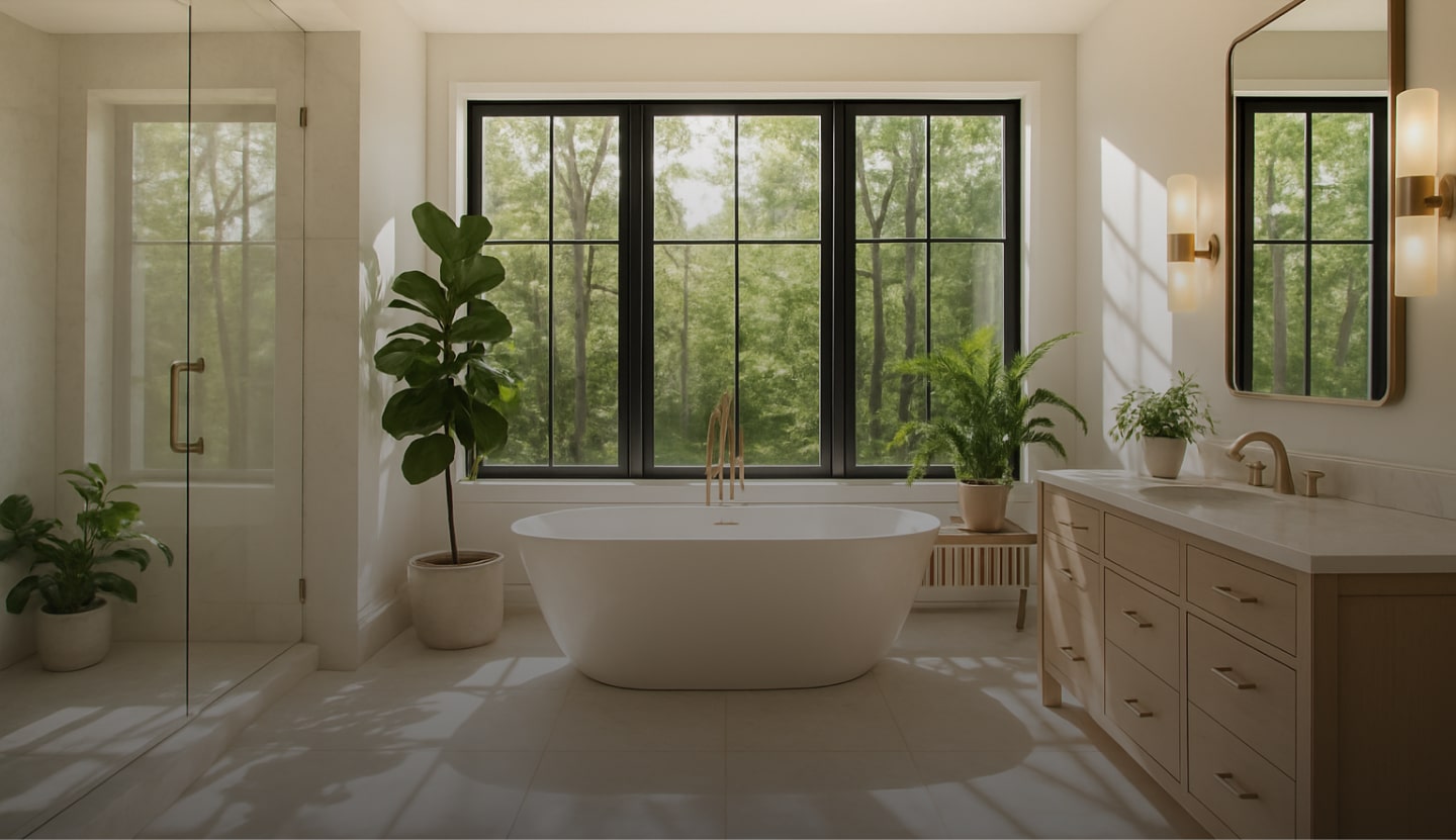 Image of a bright white warm bathroom, with lots of green plants