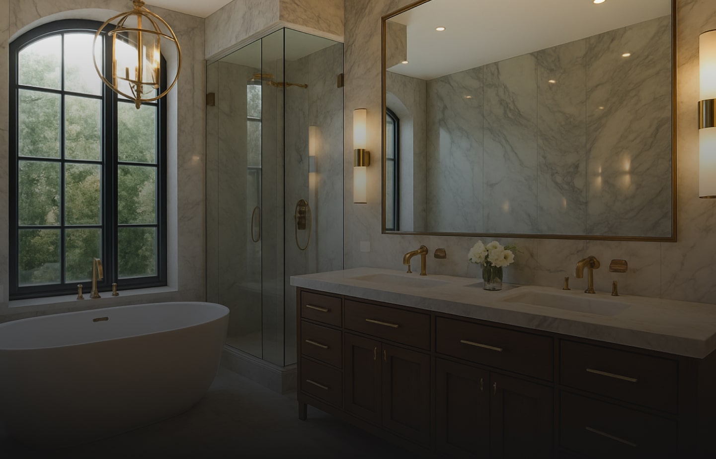 Luxury marble bathroom with large mirror