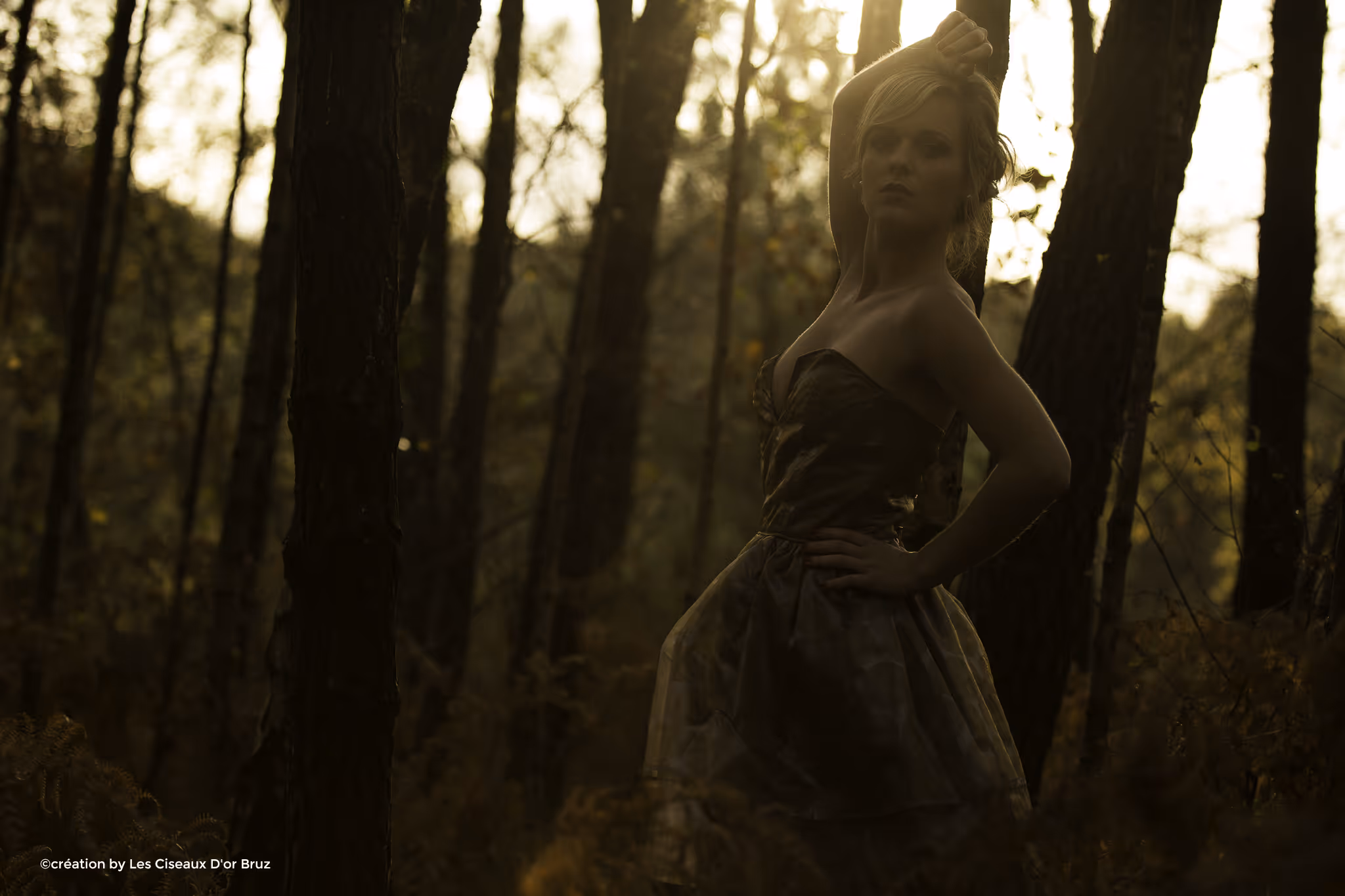 Femme en robe sans bretelles posant dans une forêt à la lumière du crépuscule.