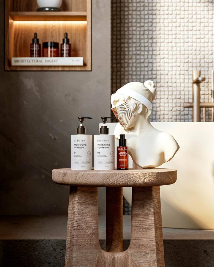 Skincare bottles on a wooden stool in a bathroom
