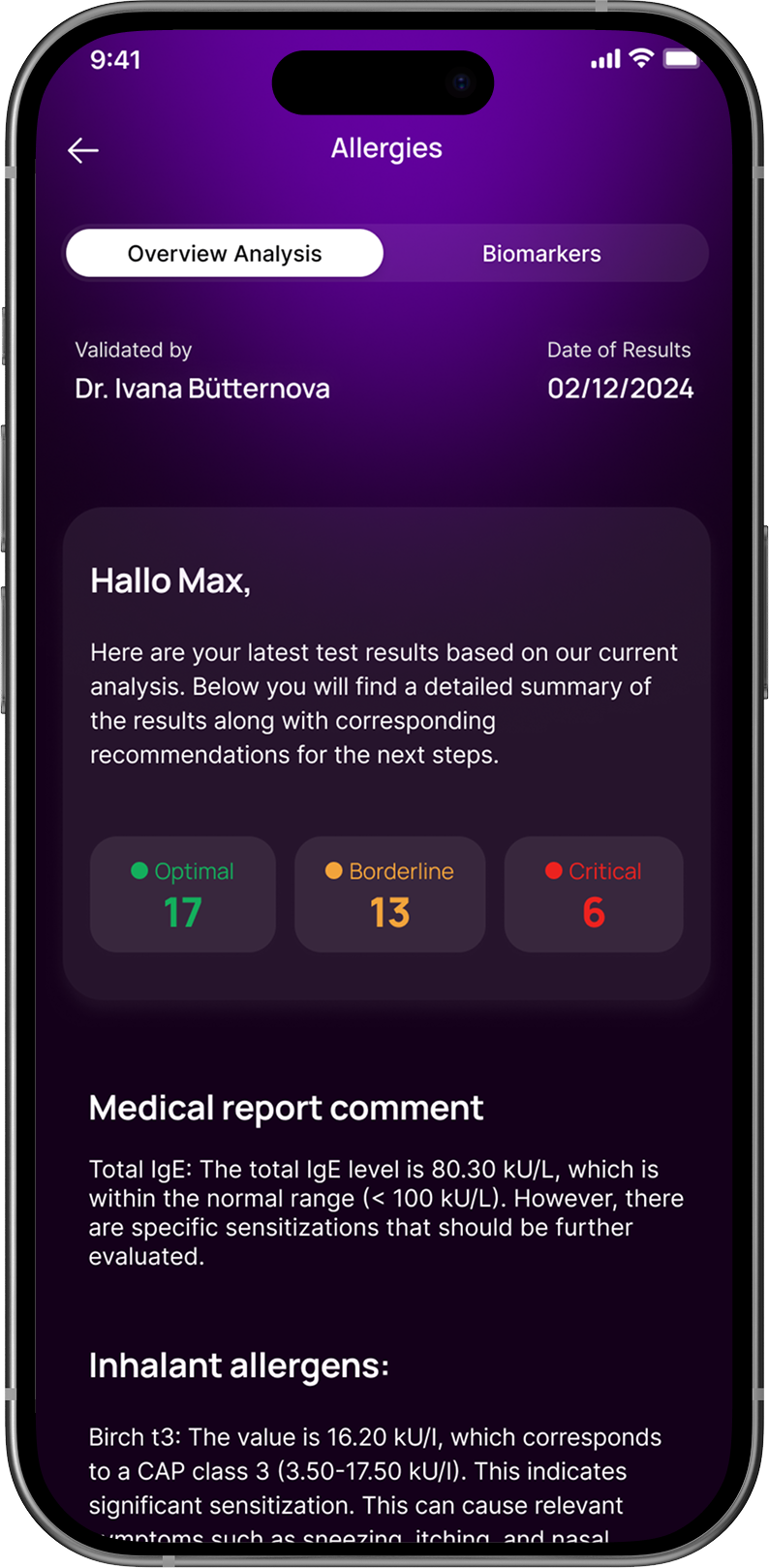 Mobile screen showing allergy test results with summary of 17 optimal, 13 borderline, and 6 critical values, plus a medical report comment and inhalant allergens details.