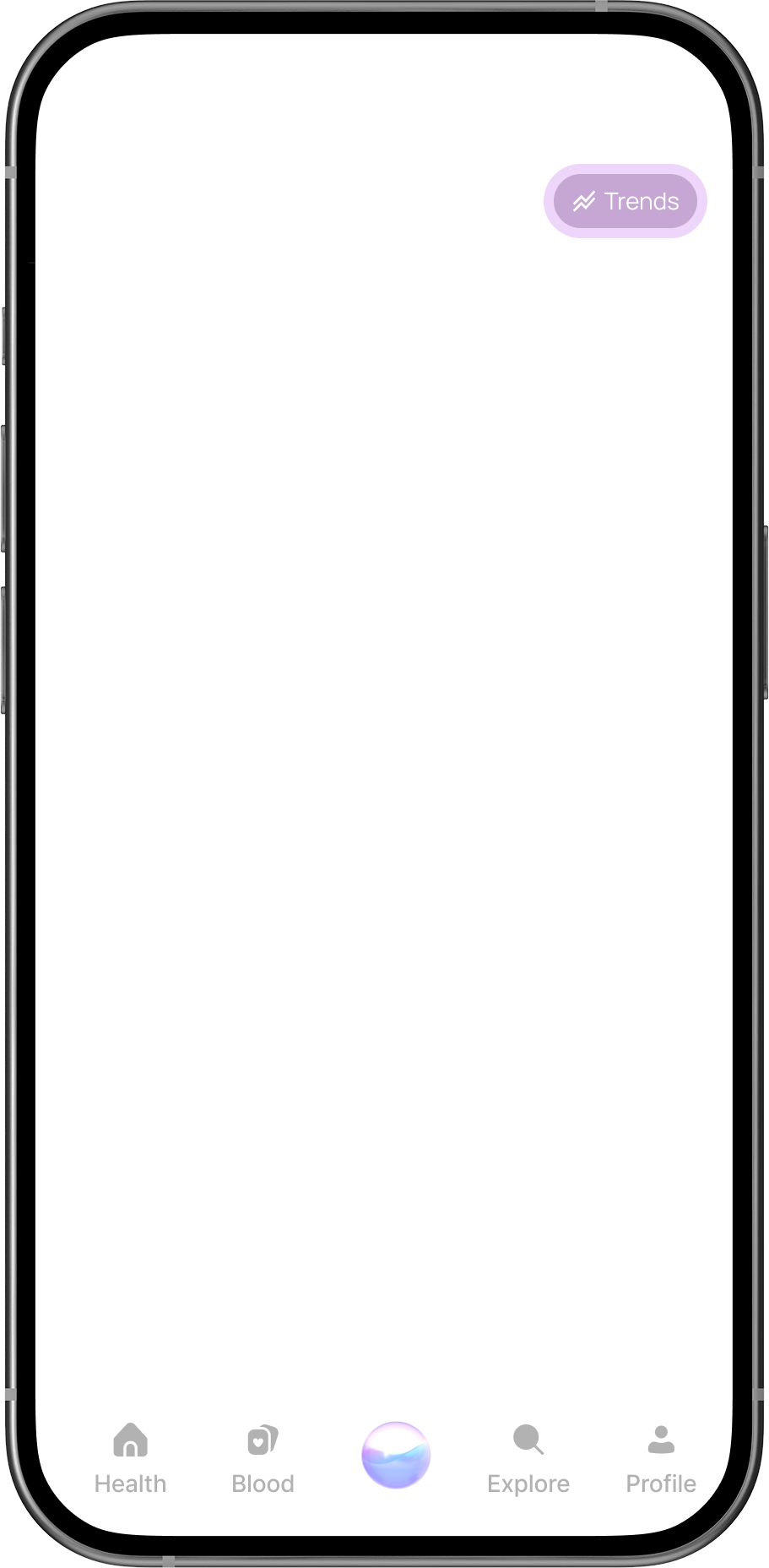 Mobile phone screen showing a health summary app with sections for Your Checkups and Lifestyle Scores, and a highlighted Trends button.