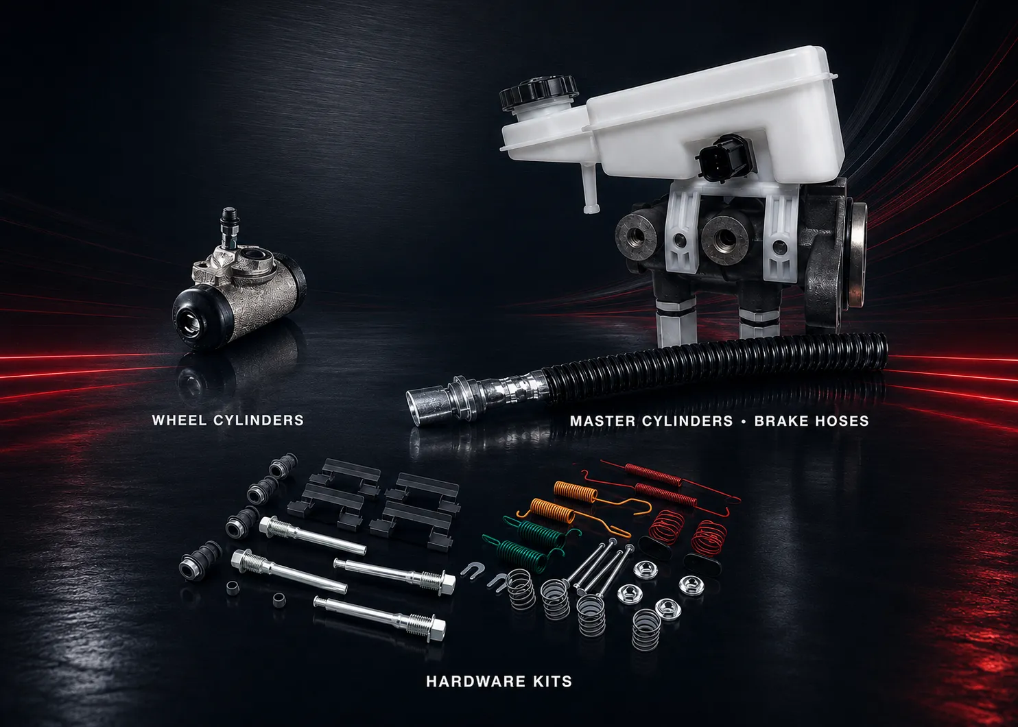 Hydraulics, Hoses + Hardware on dark background