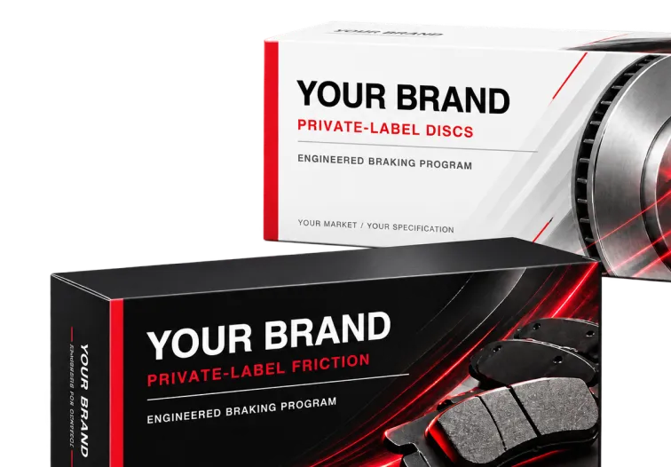 Two packages of brake disks and brake pads with Your brand text
