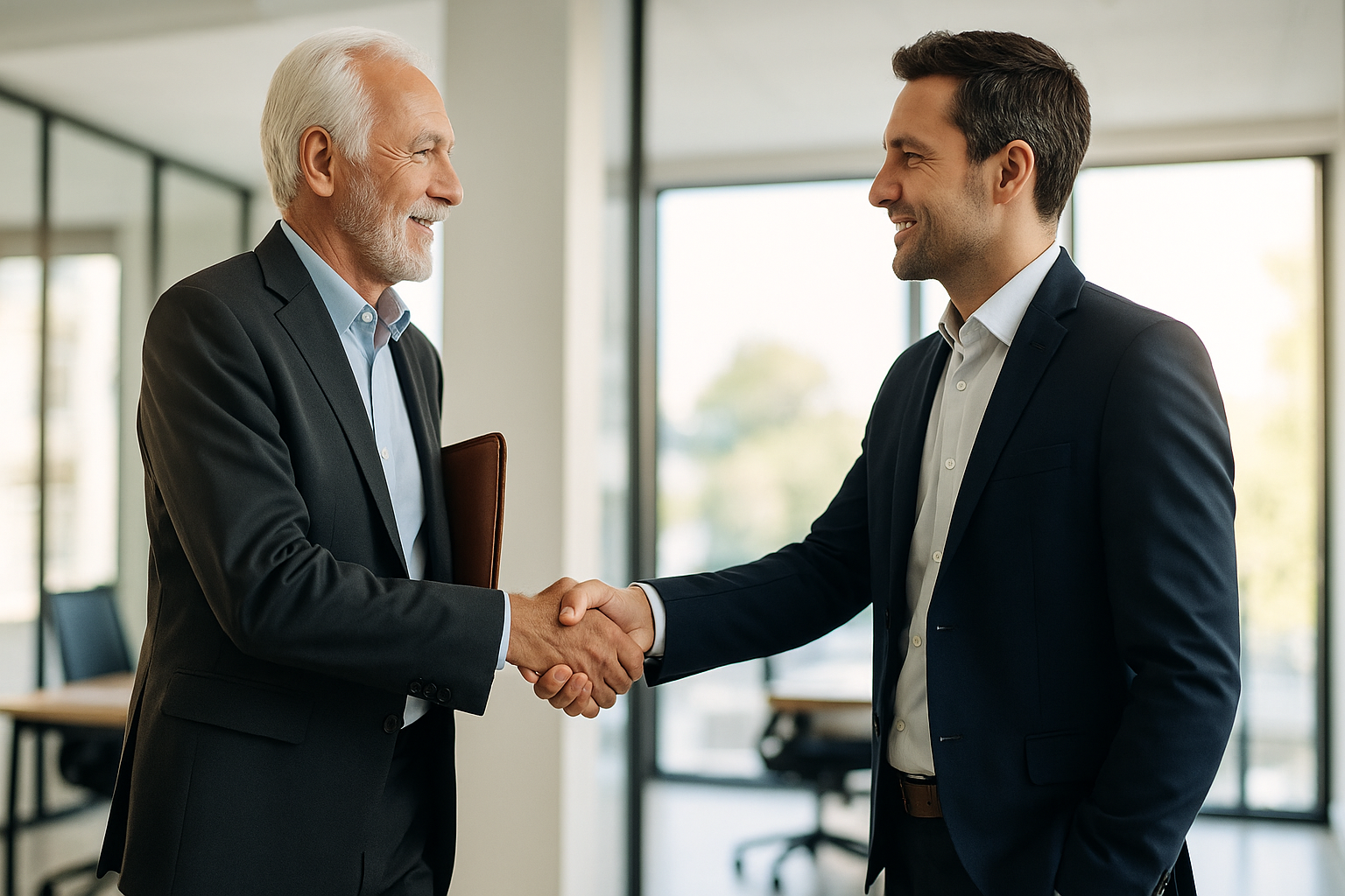 Salarié senior quittant son entreprise lors d’un départ volontaire à la retraite, échange avec un responsable RH dans un cadre professionnel lumineux