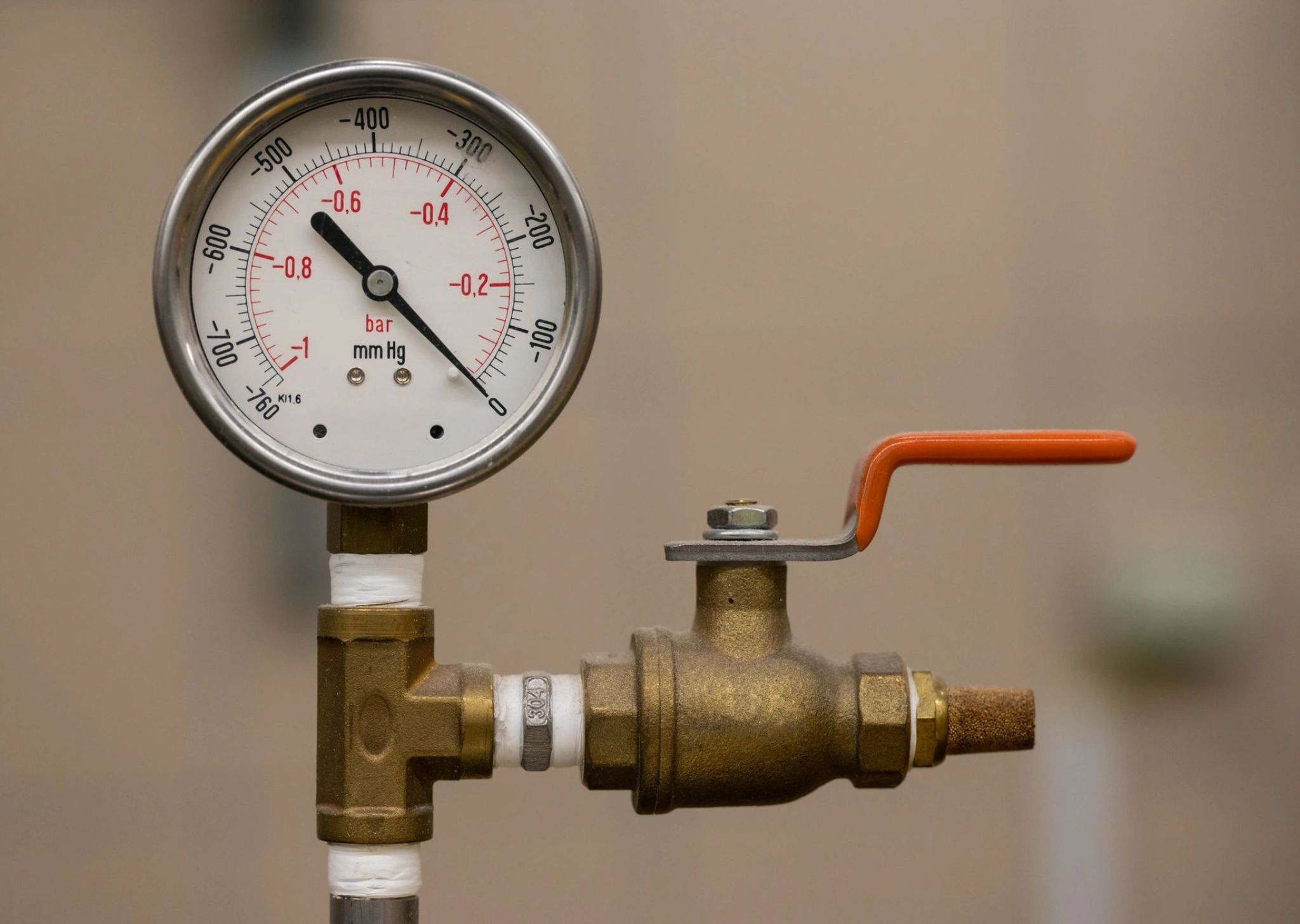 A close-up of a pressure gauge showing accurate readings for plumbing and gas systems.