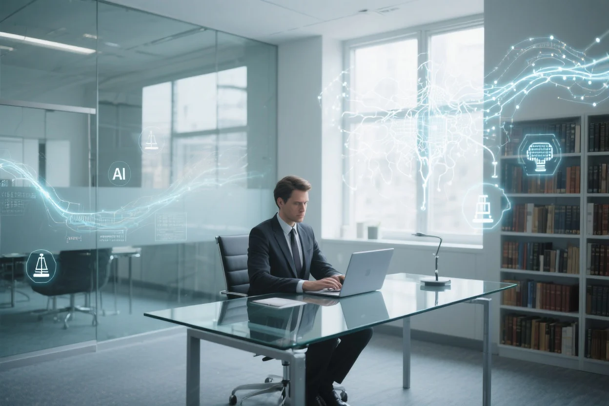 Lawyer in a modern office using a laptop with digital AI graphics overlay, representing artificial intelligence transforming legal search.