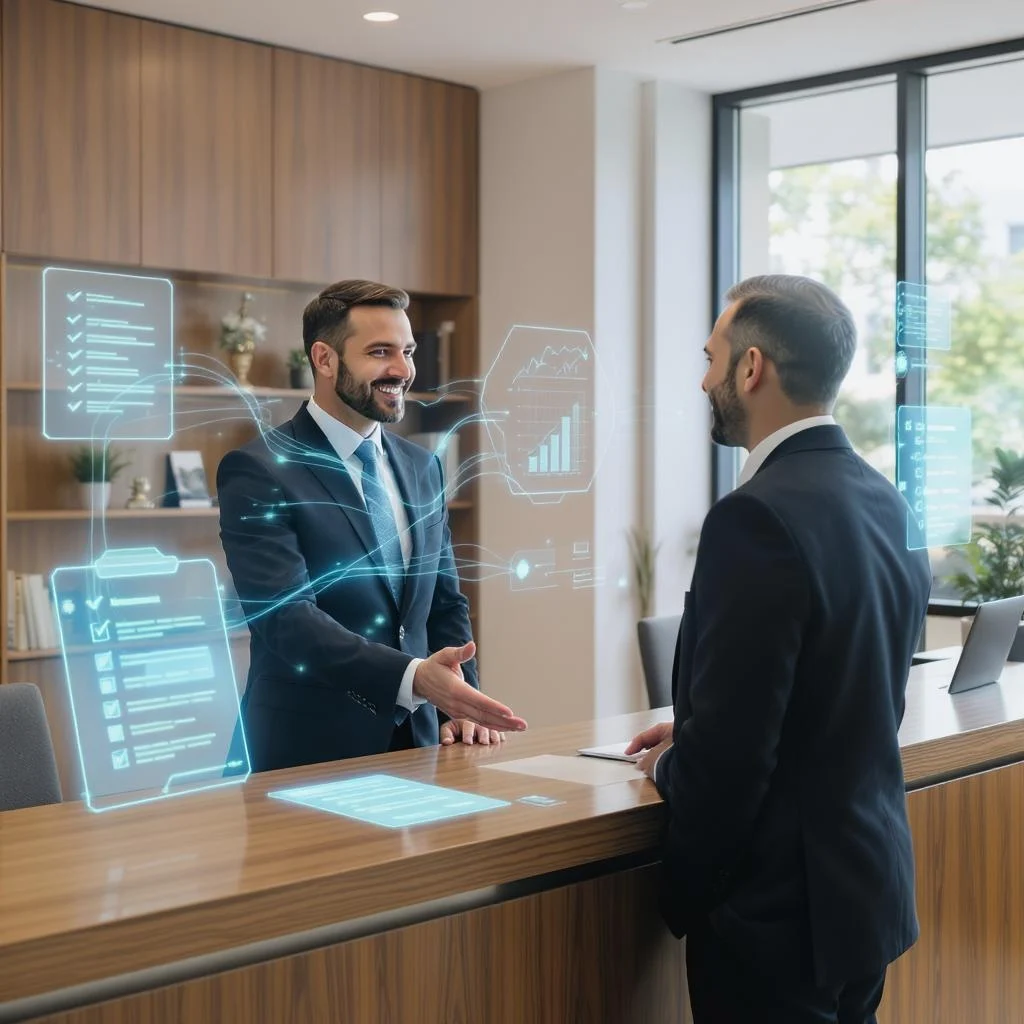 Modern law office reception with a lawyer welcoming a client, featuring subtle holographic AI elements like floating forms and data streams, conveying an efficient, high-tech client intake.