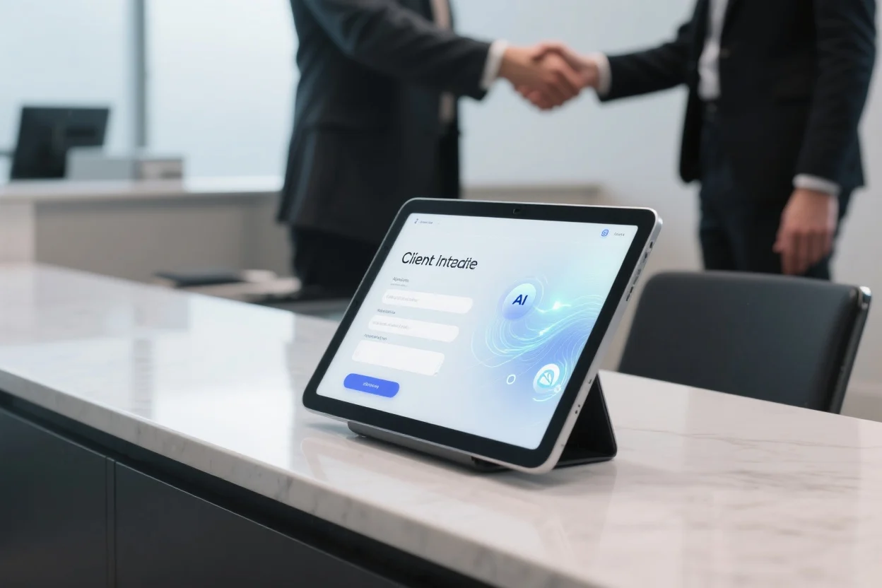 Close-up of a digital tablet on a law office reception desk displaying an AI-powered client intake form, with a blurred handshake in the background, symbolizing streamlined client onboarding.