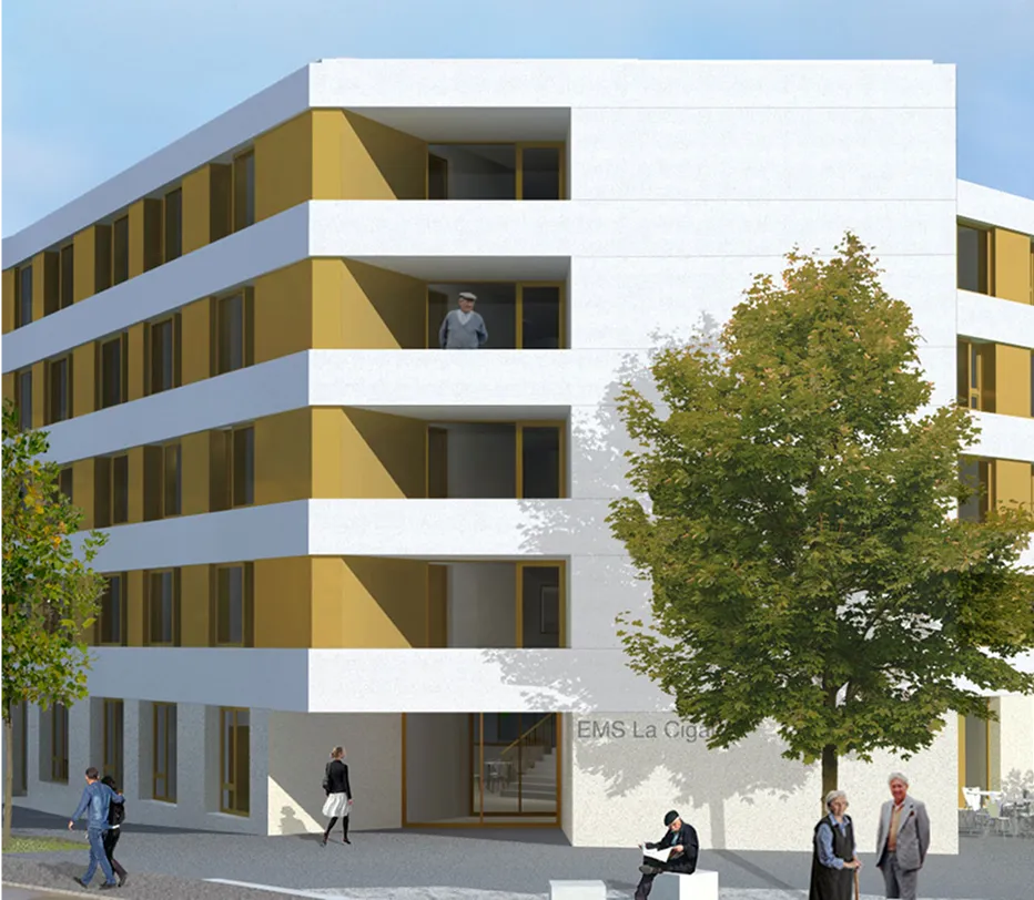 Modern residential building with trees.