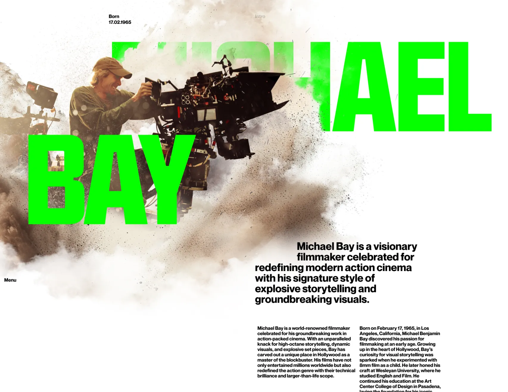 Filmmaker Michael Bay operating a professional camera rig amidst a cloud of dust and smoke, with bold green text stating his name and descriptive text about his visionary filmmaking style.