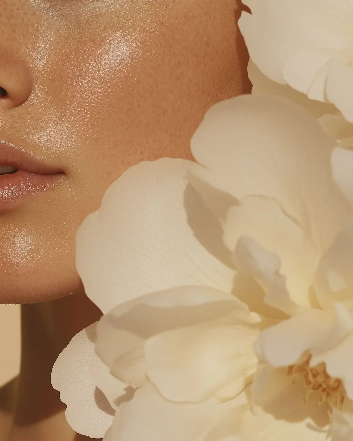Glowing skin beside the cream petals of a peony.