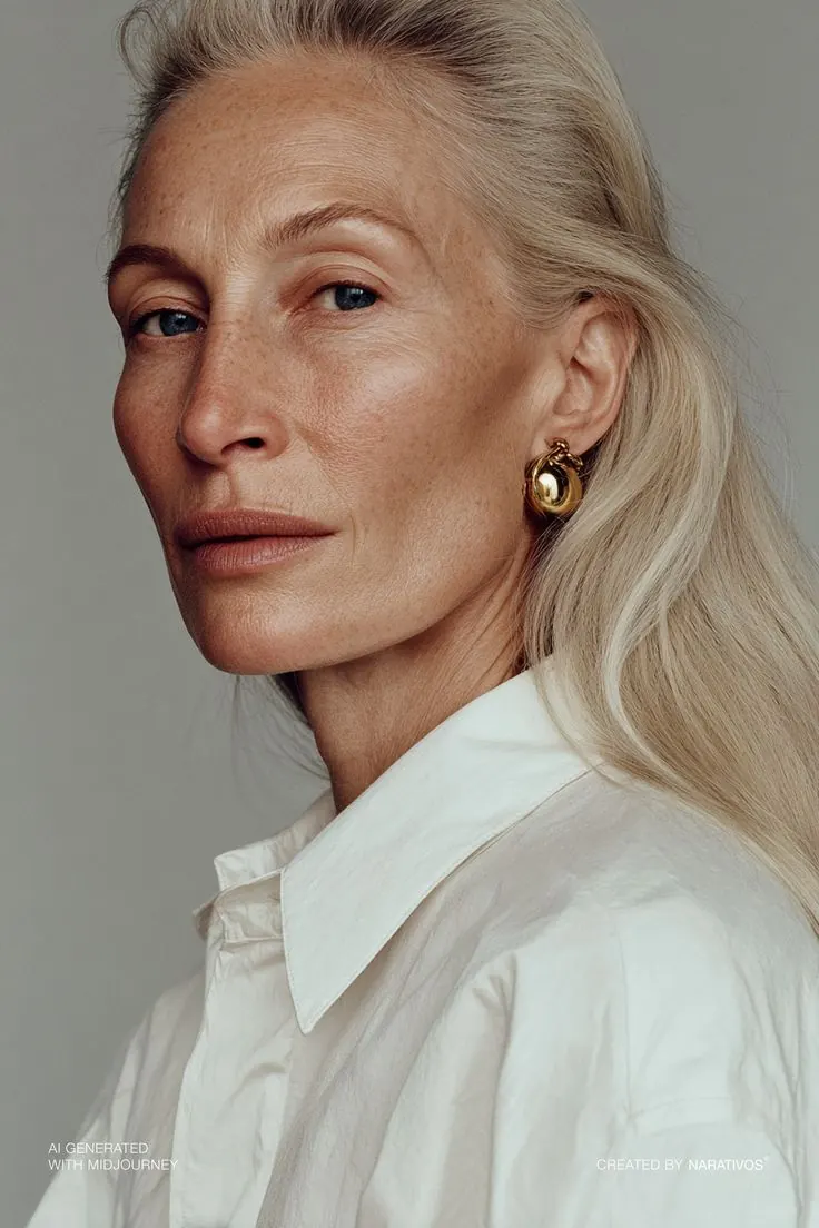 A woman with long silver-blonde hair in a crisp white shirt.