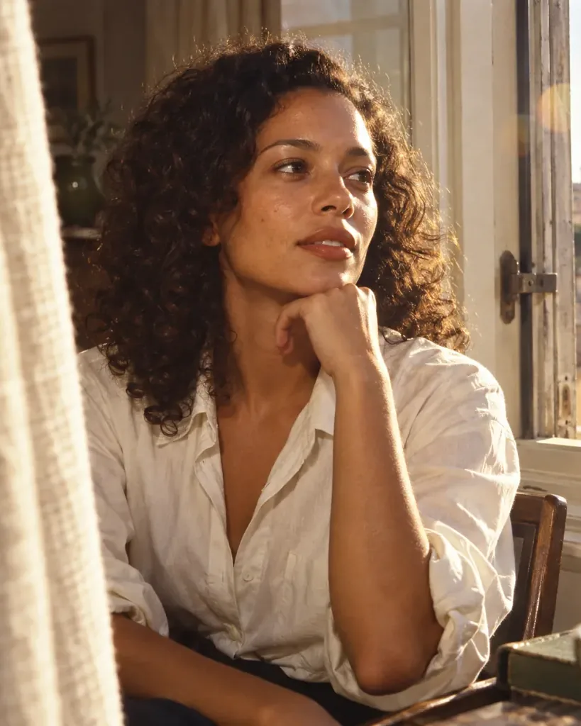 A woman in a white shirt resting her chin on her hand beside a sunlit window.