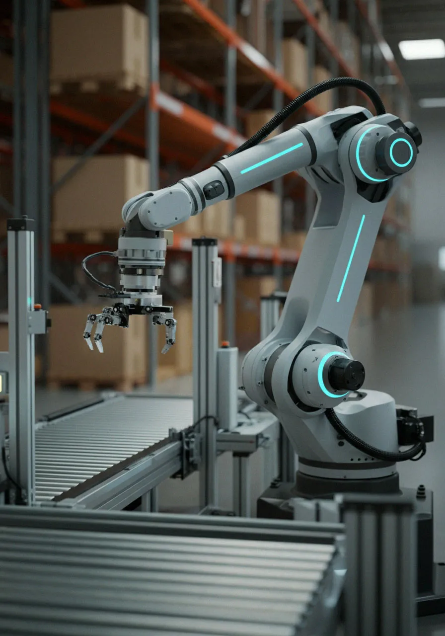 A robot is moving along a conveyor belt.