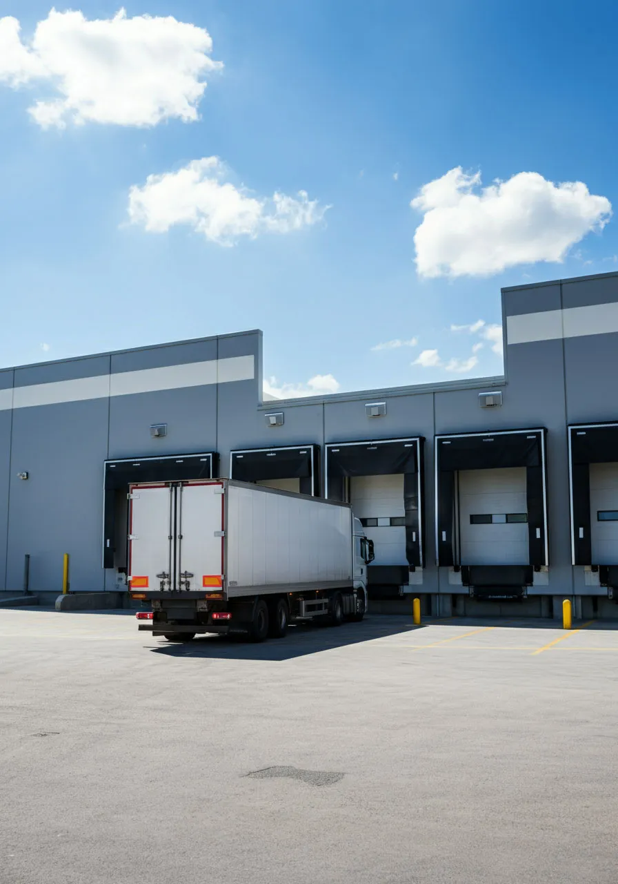 A semi truck parked in front of a building.