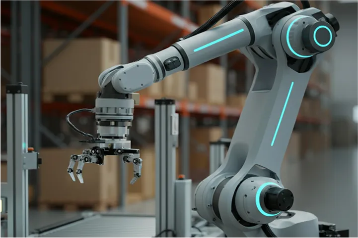 A robot that is standing in a warehouse.