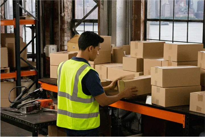 A man in a warehouse with boxes on a conveyor belt.