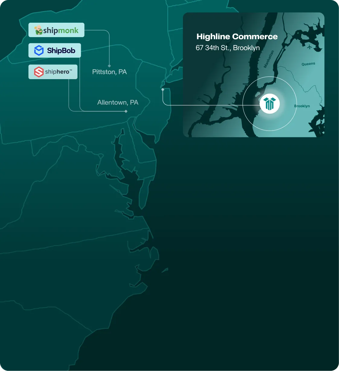 A map showing Highline Commerce's location in Sunset Park, Brooklyn
