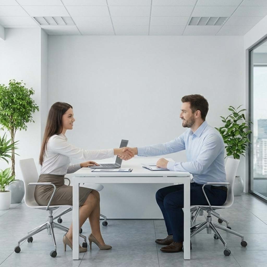 A professional woman and man sitting in office chairs at a white desk, shaking hands and smiling in a modern office with plants.