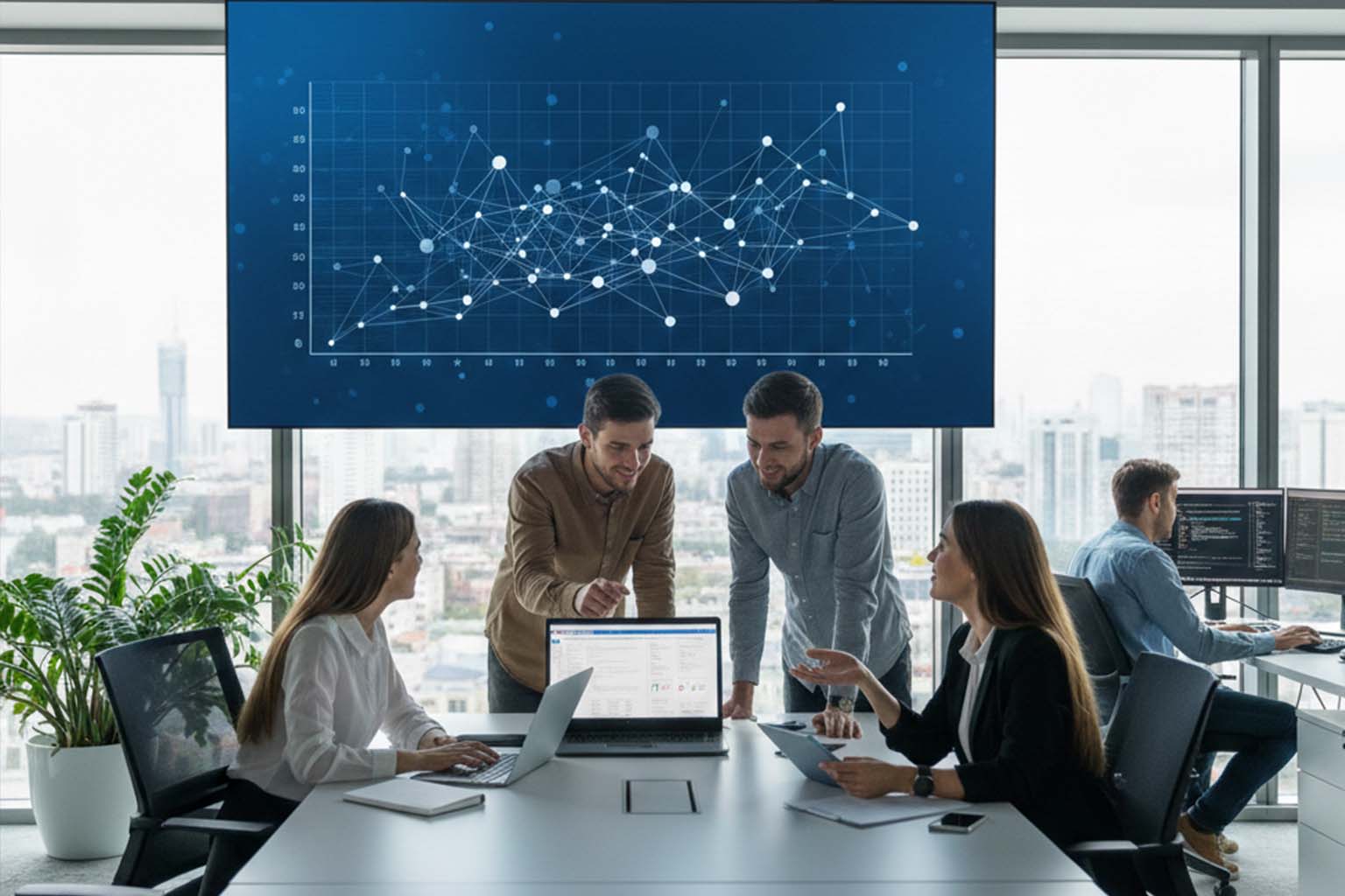 Four professionals collaborating in a modern office with a laptop, tablet, and a large screen showing a network data graph in the background.