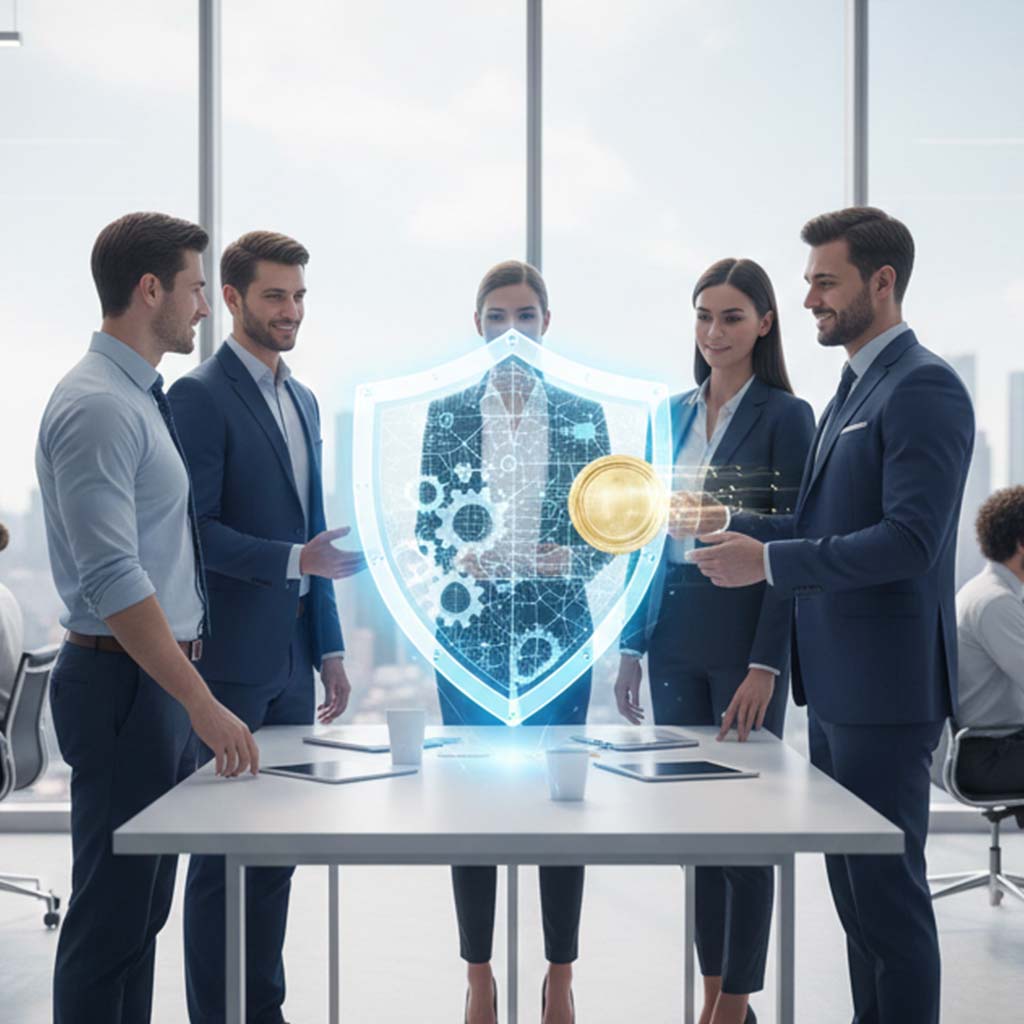 Five business professionals standing around a table with a digital shield and golden coin hologram symbolizing cybersecurity and financial protection.