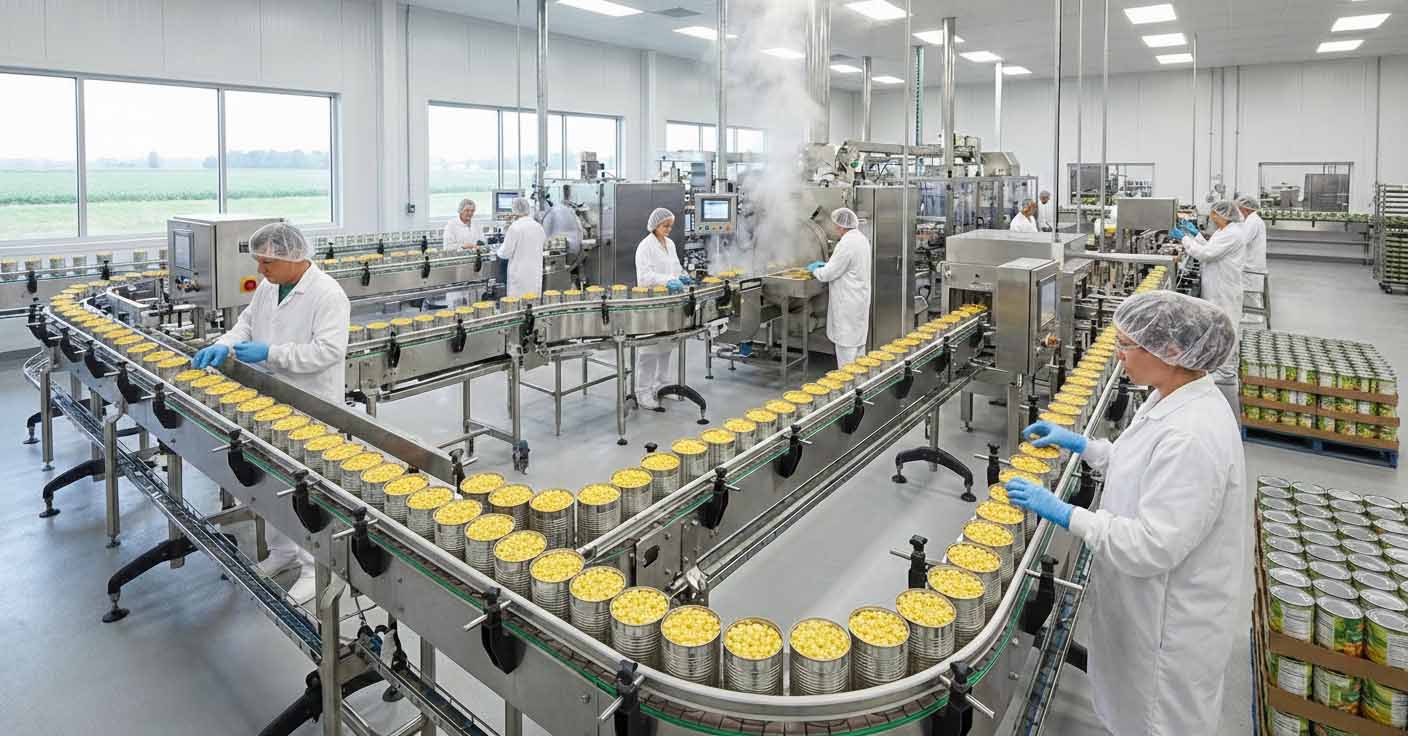 Factory workers in white coats and hairnets inspecting open tin cans filled with yellow food on conveyor belts in a bright, clean food processing facility.
