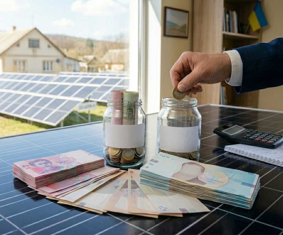Hand putting a coin in jar on table with cash, calculator, and solar panels outside window.