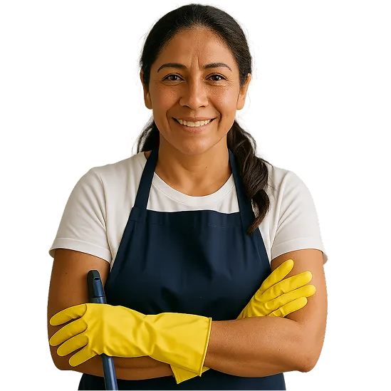 Image of latin woman holding cleaning tools and looking at the camera